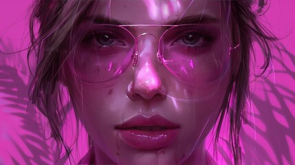 Young woman in sunglasses at neon lit pool party on vibrant summer night, exuding youth and energy