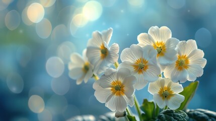 Spring Forest White Flowers & Primroses on Blue Macro Floral Background - Romantic Artistic Image for Desktop Wallpaper or Postcard