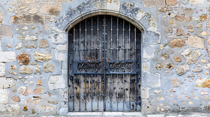 Medieval iron gate in stone wall. A historic medieval iron gate set within a textured stone wall,...