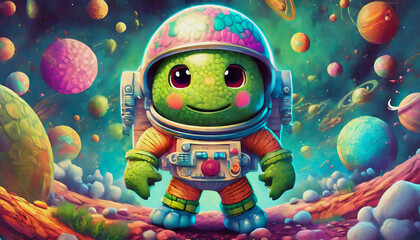 oil painting style cartoon character water melon figure Cosmonaut in space suit in outer space