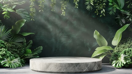 Marble Pedestal Display with Tropical Green Plants in Background
