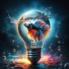 Image of Siamese fighting fish inside an illuminated light bulb filled with water with water splashing outside, studio lighting background illustration image generative ai