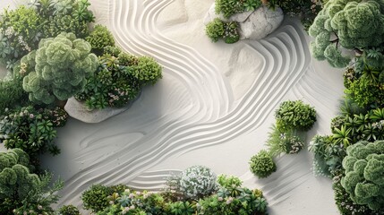 Birds-eye view of a tranquil Zen garden, digital illustration, soft gradients, delicate textures, gentle raked sand patterns, minimalistic and peaceful ambiance