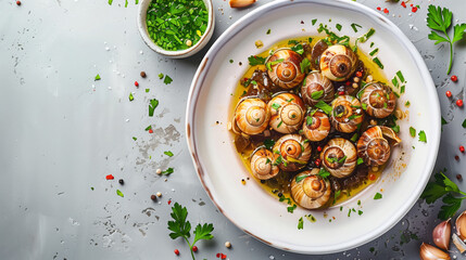 A gourmet French dish of snails in garlic and parsley butter, top view, copy space