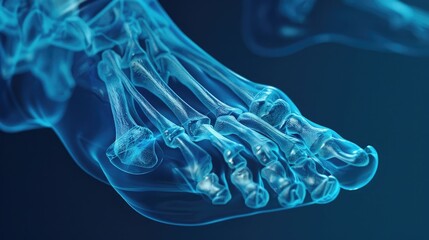 3d render of human foot bones, Xray perspective, blue background, medical illustration