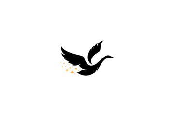 Flying swan silhouette logo decorated with scattered stars