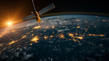 High above the Earth, a satellite gracefully moves through city lights and sunlight, showcasing the...