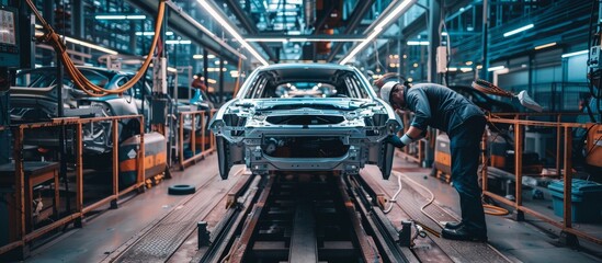 In a car assembly line, robotic technology enhances production efficiency. Workers at the industrial plant ensure accuracy in the manufacturing process, creating highquality vehicles