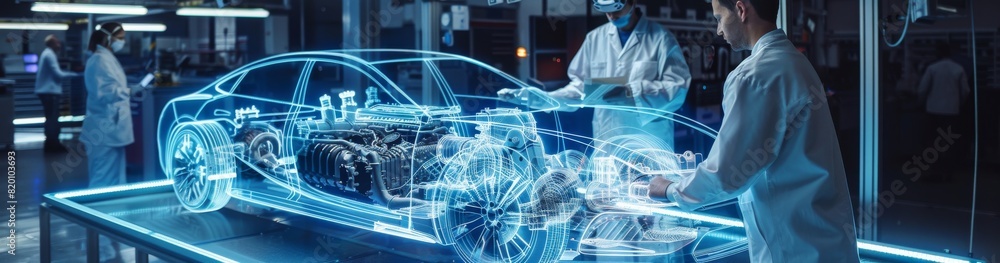 Poster In a stateoftheart automotive laboratory, engineers are utilizing holographic technology to assess and enhance car designs, showcasing advanced innovation in the automotive sector