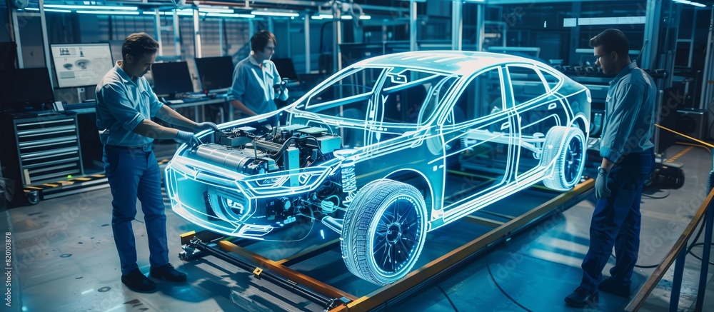Poster Engineers are collaborating on a futuristic car prototype with a holographic overlay in a hightech lab, focusing on innovation and technology in automotive research and development