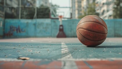 A basketball is sitting on the ground in front of a basketball court by AI generated image