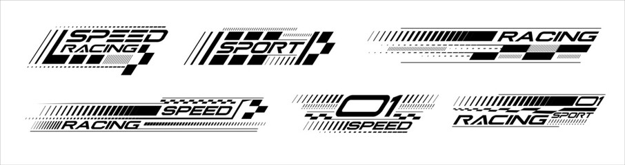Racing stripes geometric lines design racing car hood sticker, dynamic arrow shapes and lines background for sporting event. racing start and finish flag. vector illustration template for motorsports