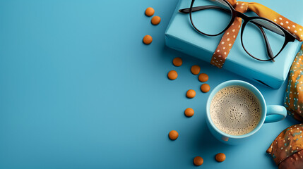 All accessories of Father's day concepts isolated on blue background which top view. Glasses, Black mustache, Necktie, A cup of coffee and the blue box present. Generative AI Illustrations.