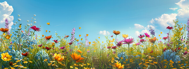 Colorful Wildflower Meadow with Clear Blue Sky,Spectacular Wildflower Panorama in Bloom