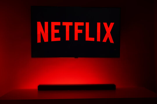 Netflix logo on Samsung TV. Netflix is an American entertainment company founded by Reed Hastings and Marc Randolph, in Scotts Valley, California, USA         