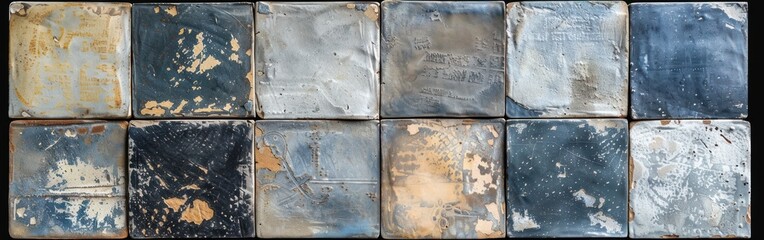 Vintage Shabby Patchwork Tiles on Old Gray Cement Wall - Texture Background Banner