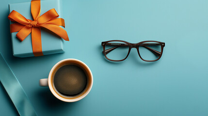 All accessories of Father's day concepts isolated on blue background which top view. Glasses, Black mustache, Necktie, A cup of coffee and the blue box present. Generative AI Illustrations.
