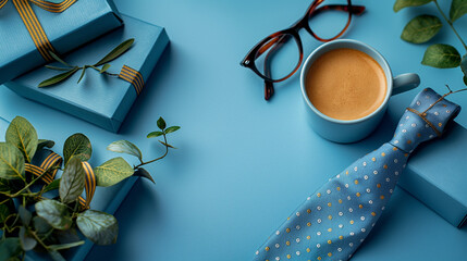 All accessories of Father's day concepts isolated on blue background which top view. Glasses, Black mustache, Necktie, A cup of coffee and the blue box present. Generative AI Illustrations.