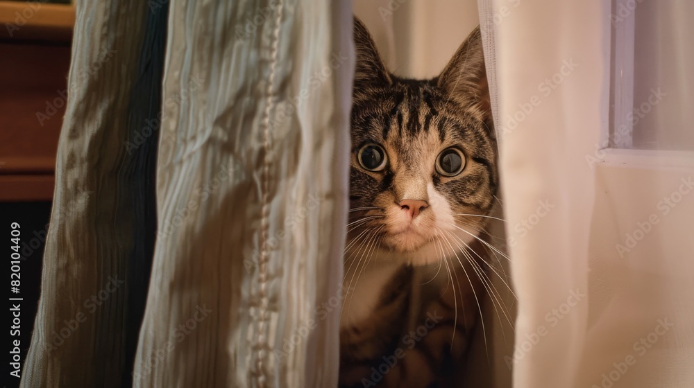 Poster heavyset cat peeking out from behind a curtain, showing its curious and playful nature.