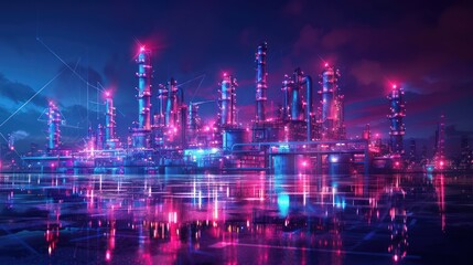 Oil & Gas Production Facility with Storage Tanks and Price Chart - Infrastructure and Demand Concepts as Wide Banner Hologram HUD Data