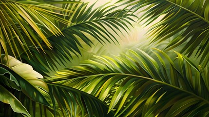 tropical palm leaf and shadow, abstract natural green background, dark tone textures