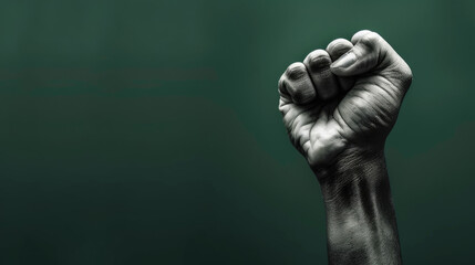 Black and white hand with a closed fist against a dark green background, featuring neutral lighting and copy space. This minimalist image symbolizes strength, power, and solidarity. - Powered by Adobe