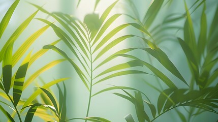 Obraz premium tropical palm leaf and shadow, abstract natural green background, dark tone textures