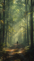 Misty Morning Solitude: A Lone Figure Exploring the Serenity of an Untouched Woodland