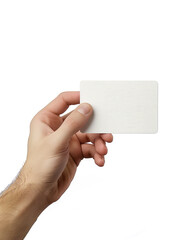Obraz premium Portrait of a male hand holding a blank card on a white background. Ideal for business concepts, mockups, and presentations with ample copy space.