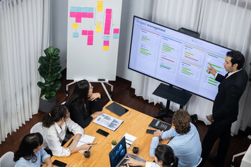 Project manager planning schedules for business task at meeting room, Gantt chart software show on...