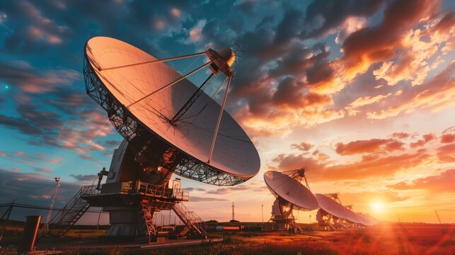 Satellite dishes at sunrise symbolize advanced communication technology in space exploration, astronomy, and telecommunication, receiving signals for data transmission and internet