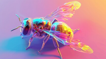 3d render of metallic bee, neon colors, gradient background,