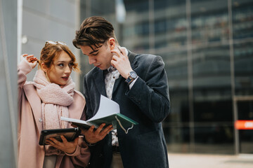 Entrepreneurial colleagues review data and network outdoors in the city as they plan for business expansion and profitability.