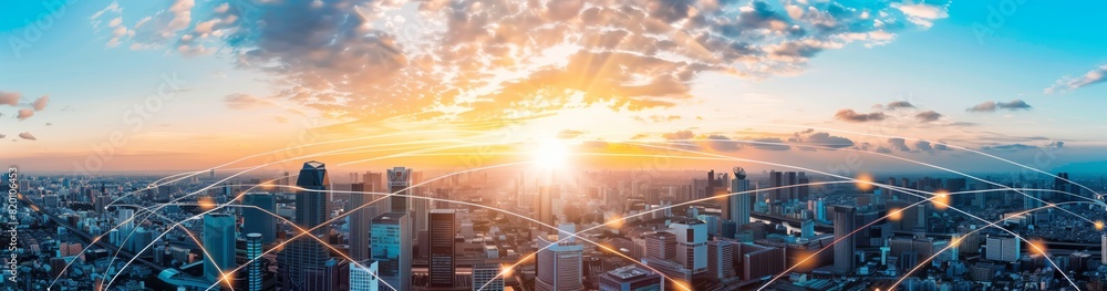 Poster the cityscape at dawn with digital network connectivity exemplifies urban infrastructure enriched by