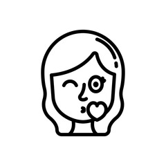 Face blowing a kiss line icon. Girl emoji icon. Girl expression icon isolated on white background. Transparent background, minimalist symbol. Vector images