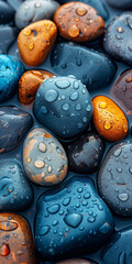 Pebbles in a river, droplets, phone wallpaper - Generative AI