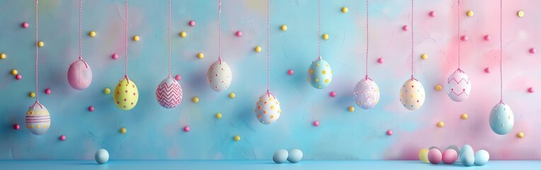 Pastel Easter Eggs Hanging on Textured Wall: Panoramic Greeting Card Banner for Happy Easter Holiday Celebration