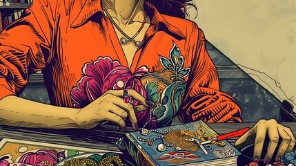 Creative woman joyfully surrounded by beads and gemstones, crafting jewelry