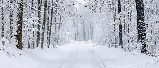 A peaceful winter scene with a snow-covered road through a serene forest, surrounded by tall trees blanketed in white snow.
