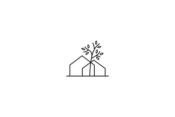 Logo of two houses and a shady tree with a minimalist line design concept