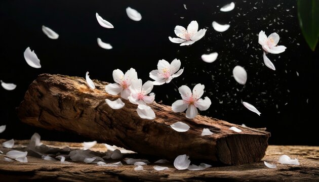 
シンプルな丸太に舞い落ちる桜の花びら、躍動感と黒い背景、シンプルに表現 Generated by AI
