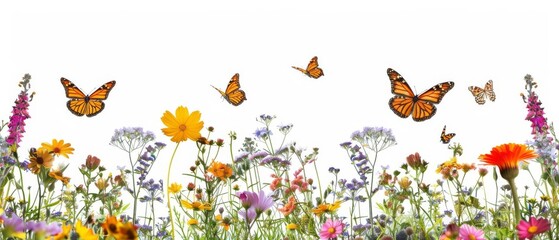 A vibrant field of wildflowers with butterflies flying above, capturing the essence of spring and natural beauty in a picturesque scene.