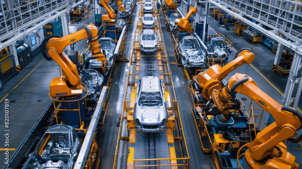 Poster an assembly line for automated car manufacturing uses robotic arms and hightech machinery to ensure 