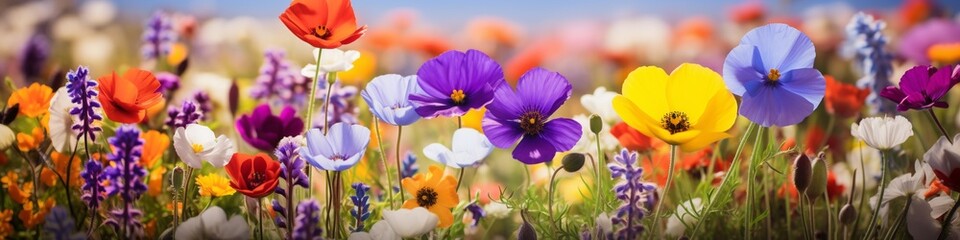 Bright summer flowers, nature background, long banner