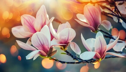 Enchanting Magnolia Blossoms: Close-Up Capture of Beautiful Flowers with Fantasy Colors, Full Bloom, and Magical Lighting