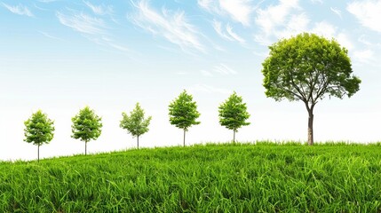 A row of trees growing on a lush green hill under a vibrant blue sky, symbolizing growth and nature's progression.