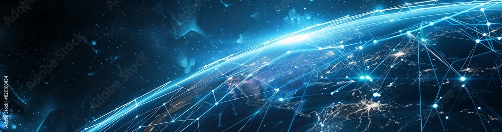 Poster Explore the Digital Global Network Aerial View of Earth with Blue Networking Lines. This futuristic depiction showcases global communication, technology, connectivity, and innovation