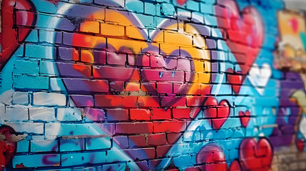 Brick wall with painted hearts in graffiti style. AI