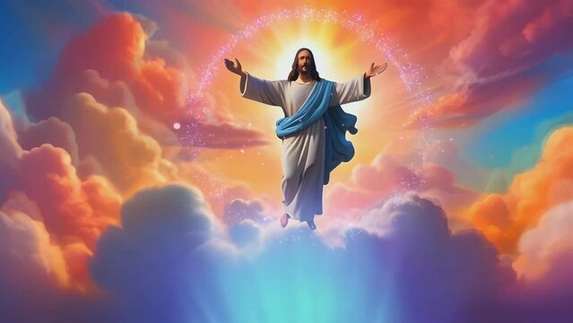 Jesus welcomes his blessings in the background of fantasy clouds, seamless looping time lapse virtual 4k video animation background