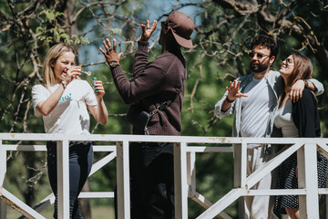 A lively scene in an urban park where multiracial friends enjoy a sunny day blowing bubbles...